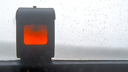 Rainy day warmth: Cozy lantern glows against the window with raindrops detail