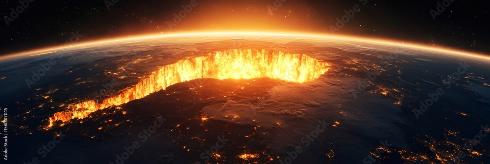 Poster powerful seismic waves creating a massive crack in the earth's crust, with fire and lava erupting fr