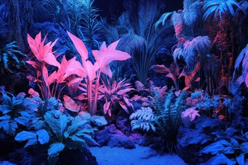 Obraz premium Tropical plants illuminated with blue and pink fluorescent light, Lush tropical plants bathed in blue and pink fluorescent light, enhancing their vivid colors and unique shapes