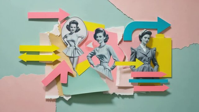Opening shot capturing tabletop collage with torn pastel paper, B and W cutout portraits, bright arr