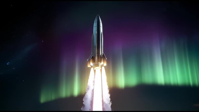 Silver Rocket Ascends Against Majestic Aurora Borealis