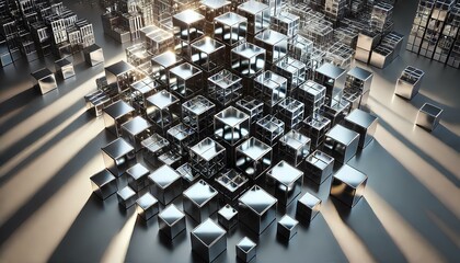 A series of shining metallic cubes stacked in a complex pattern, with soft light casting long shadows across the floor 