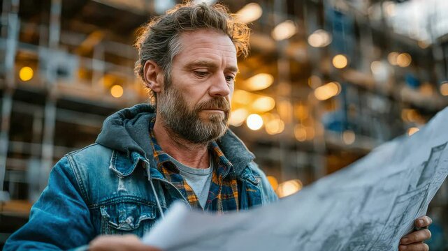 Bearded architect in denim jacket holds blueprints while gazing at a construction site lit by golden light