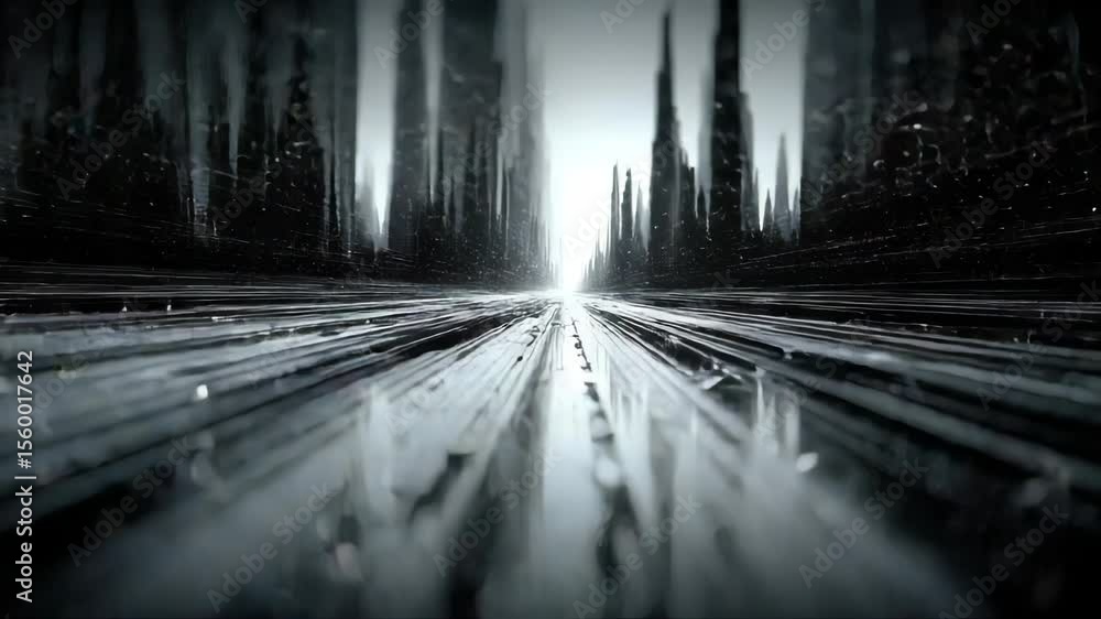 Poster abstract visualization of a glowing data stream tunnel with white particles and motion blur effects,