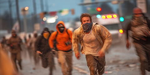 Protesters flee from police during a late evening demonstration in a city street