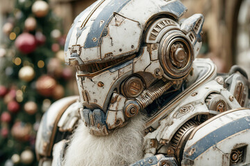 Chrome exoskeleton Santa Claus stands beside decorated quantum fir for New Year celebration