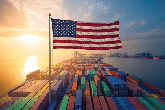 United States policy of increased import tariffs in 2026 concept with USA Flag, Concept image depicting the 2026 U.S. policy of increased import tariffs with the American flag in the background