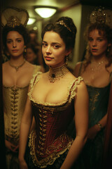 Courtesans prepare for evening engagement in a lavish setting during a historical drama