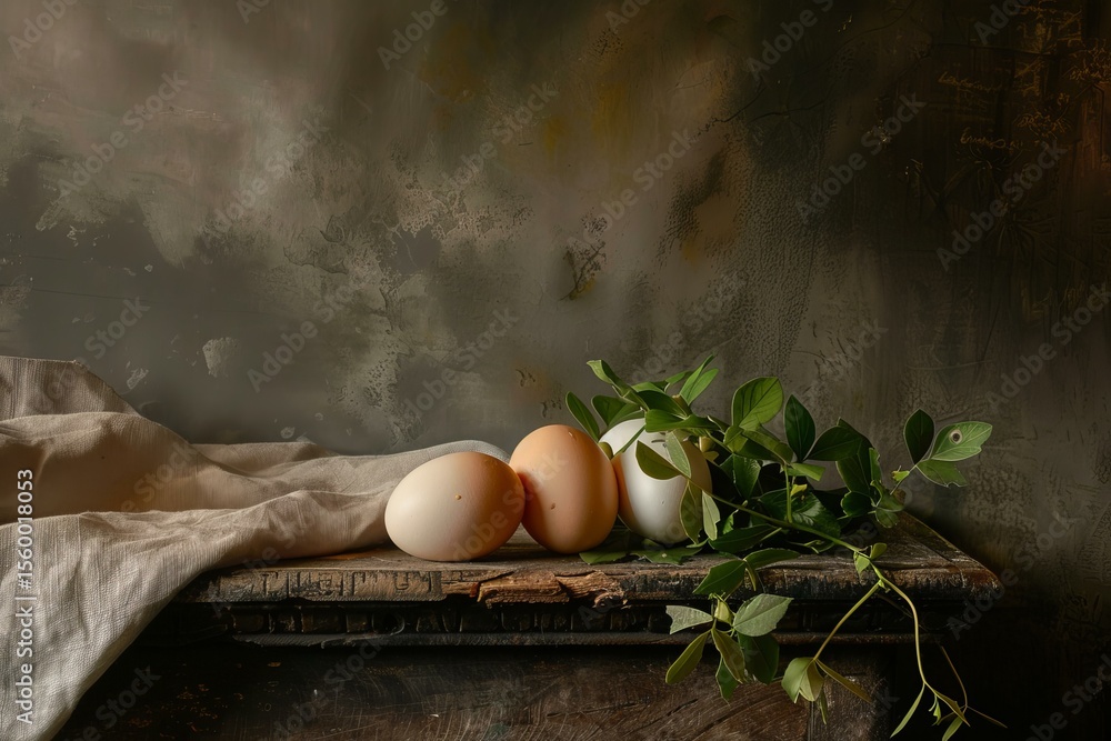 Aufkleber three fresh eggs and a green branch are arranged on a rustic wooden surface, creating a still life c