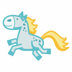 Cartoon Horse Galloping with Yellow Mane and Tail, Featuring Light Blue Body and Teal Outlines in a Playful, Whimsical Style isolated on transparent background