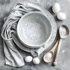 Rustic kitchen still life featuring ceramic bowl, eggs, and wooden spoons on gray surface