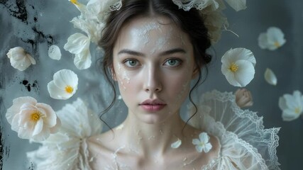 Releasing flower petals causing model blinking, tilting head, rolling eyes on set with lace dress - Powered by Adobe