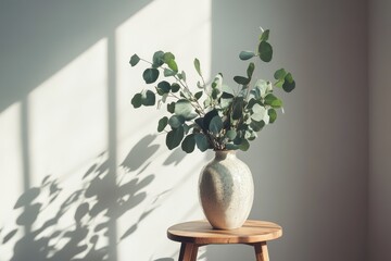 Vase with eucalyptus on wooden stool near light wall, A vase filled with eucalyptus sits on a wooden stool beside a light-colored wall, enhancing the room's tranquility