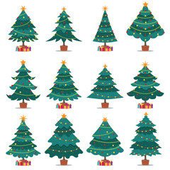 Set of beautifully adorned Christmas trees, each with unique decorations, lights, stars, and presents, offering a festive atmosphere can be used for printed materials-posters, leaflets, greeting cards