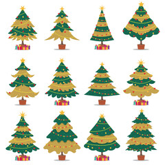 Set of Christmas tree illustrations adorned with vibrant decorations and presents, perfect for holiday-themed designs. Various shapes and designs available for seasonal celebration visuals.
