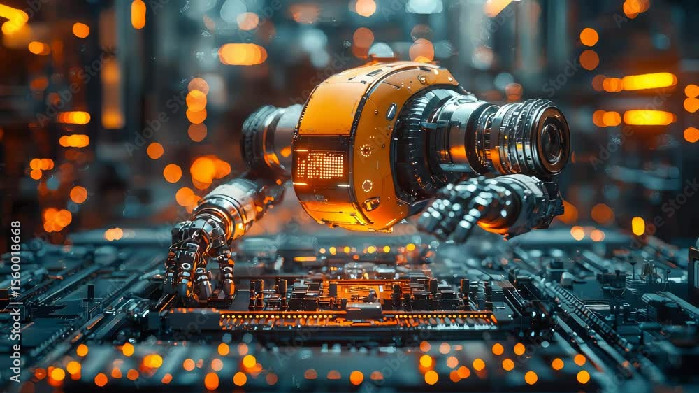 Poster robotic arms assembling electronic components in a glowing high-tech smart factory with futuristic l