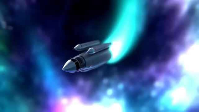 Silver Rocket Ascends Through Nebula with Turquoise Trail
