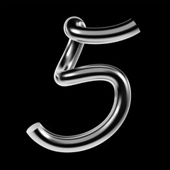 Chrome number 5, 3D metallic symbol in Y2K style, futuristic silver numeral five