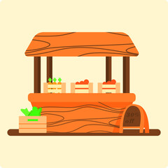 Vector illustration of a small shop made of wood with a brown roof, selling various goods. Suitable for market, street food, festival, outdoor bazaar, and traditional shopping themes.