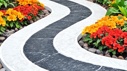 Scenic garden path adorned with vibrant flowers and smooth stones showcasing landscaping beauty