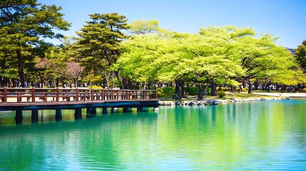 Scenic Japanese garden with bridge over vibrant green lake during sunny day nature landscapes