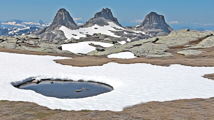 Scenic mountain landscape with snow-covered peaks and a small alpine lake offering a tranquil