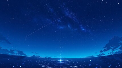 Naklejka premium Minimalist Anime Night Sky with Falling Starlight Droplet, Golden Trail on Dark Blue Ocean, Celestial Ripple and Star Dust Particles