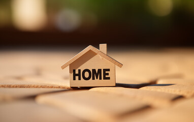 A small wooden house with the word home written on it sitting on a surface