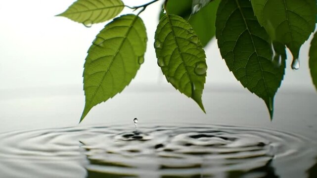 Water droplets falling from green leaves creating ripples in the water surface view