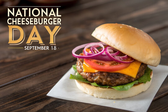 National Cheeseburger Day promotional photo. A classic cheeseburger with fresh toppings on a dark, rustic wood table for the September 18th event generative ai