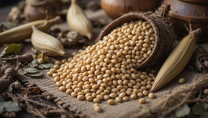 Naklejka premium Soybeans Harvest: Rustic Still Life Photography