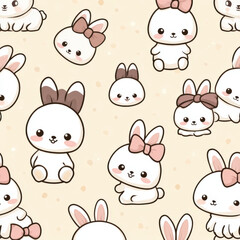 Cute Pastel Seamless Pattern of Baby Bunnies with Bows
