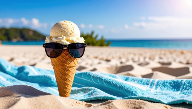 Ice cream cone wearing sunglasses on a beach towel with a serene ocean backdrop and a bright sunny sky