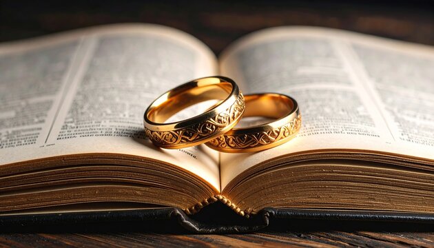 Intricate Gold Wedding Bands Resting on Antique Book - Powered by Adobe
