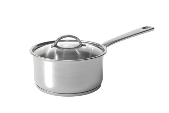 Stainless steel saucepan with lid Low‑key lighting and clean white background and asymmetrical layout. Perfect for e‑commerce listings and product catalogs. High resolution and print ready.