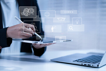 Digital transformation technology strategy, Person using laptop, tablet and smartphone with of...
