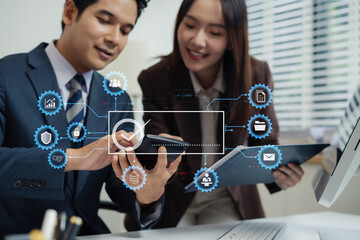 Digital transformation technology strategy, Person using laptop, tablet and smartphone with of...