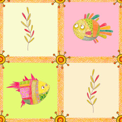 Fairytale fish in colored squares. Seamless pattern of pencil-drawn colorful funny fish in squares bordered with stripes with dashes.