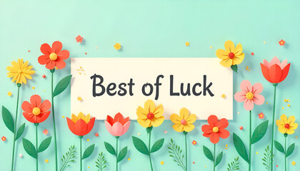 An elegant "Best of luck" message in beautiful cursive font, surrounded by delicate flowers on a soft pastel background—perfect for greeting cards, motivational artwork, or well-wishing notes.
