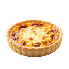 Appetizing quiche lorraine with a creamy, cheesy filling and flaky crust, presented against a stark black background highlighting its golden-brown top and savory appearance.