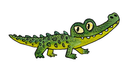 Crocodile Green Vintage Watercolor Handmade Cartoon Style Logo Print Liner Ink