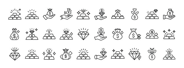 Wealth Icon Set. Containing money bag, gold bar, diamond, savings, riches, finance, investment, and fortune icons. Solid icon collection.