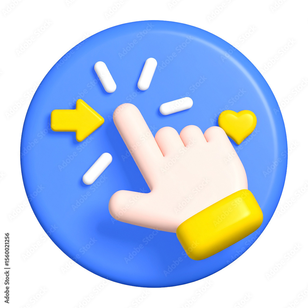 Fototapete 3d hand click icon: a cheerful 3d rendering of a hand clicking an icon, featuring vibrant yellow and