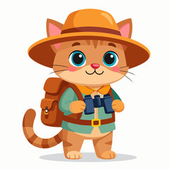 Cartoon cat adventurer with binoculars hat and backpack