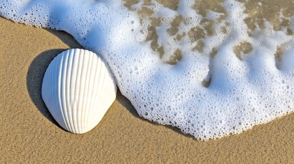Seashell Serenity: White Seashell on Sandy Beach with Gentle Wave Foam Close Up