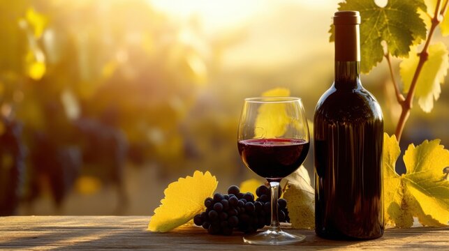 Toasting to the Harvest Red wine bathed in golden light amidst vineyard beauty