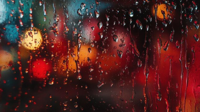 Close up of rain drops on a window with blurred colorful city lights bokeh effect isolated on white background