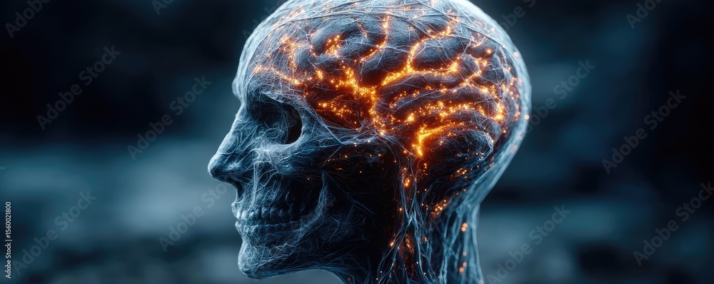 Poster Brain reset concept. A glowing skull symbolizing the connection between mind and technology.