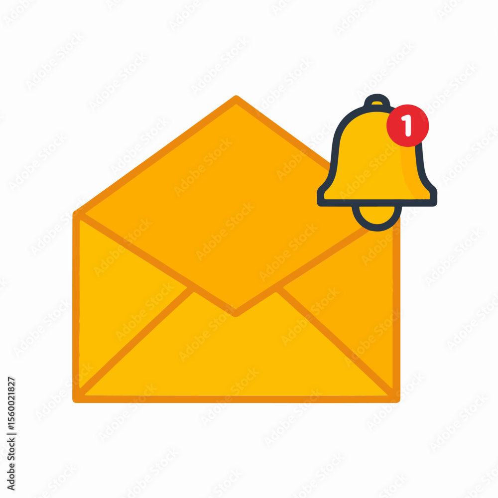 Poster an open yellow envelope with a notification bell marked with the number 1 positioned on the upper ri