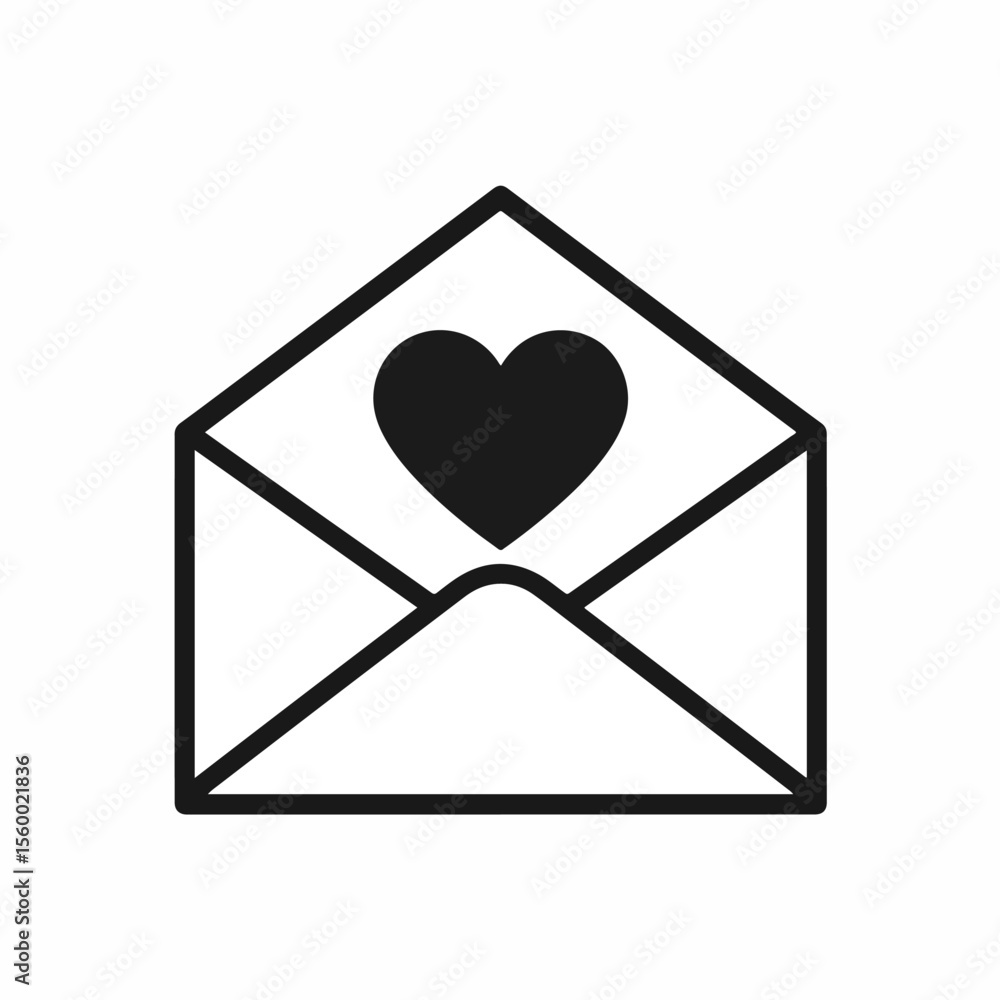 Poster an open envelope icon with a heart inside rendered in black lines